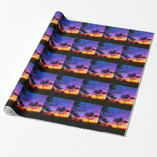 Blue Red Sunset Exotic Hawaiian Beach Palm Trees Wrapping Paper