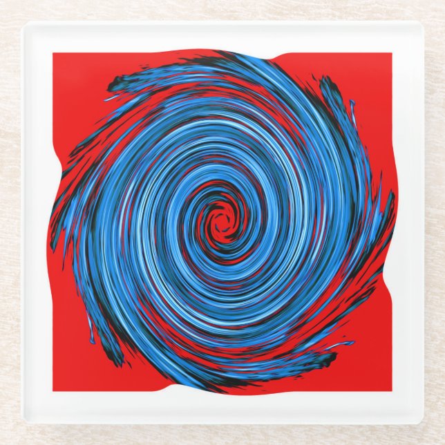 Blue Red Swirl Abstract Pattern Glass Coaster (Front)
