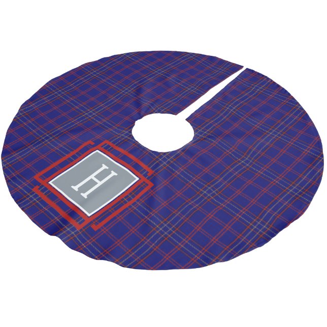Blue Red Tartan Monogram  Brushed Polyester Tree Skirt (Angled)