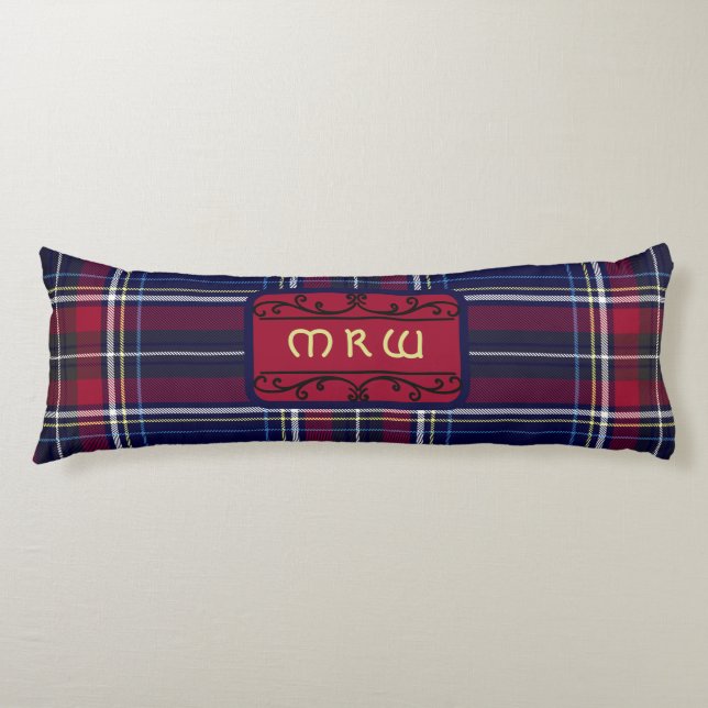 Blue Red Tartan Monogram in Celtic Lion Font | Body Pillow (Front)