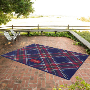 Blue Red Tartan Monogram in Celtic Lion Font Outdoor Rug