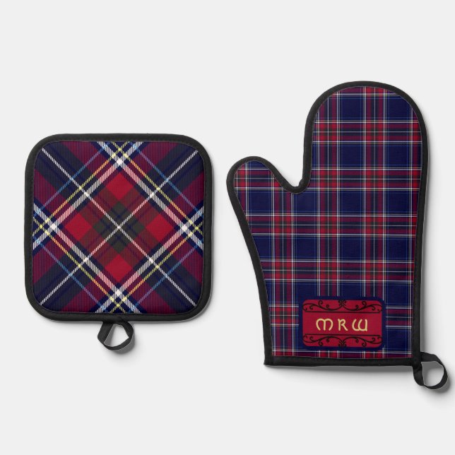 Blue Red Tartan Monogram in Celtic Lion Font | Oven Mitt & Pot Holder Set (Front)
