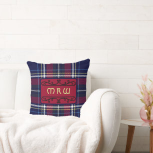Blue Red Tartan Monogram in Celtic Lion Font Throw Pillow