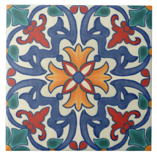 Blue Red Teal Yellow White Azulejos Pattern Ceramic Tile