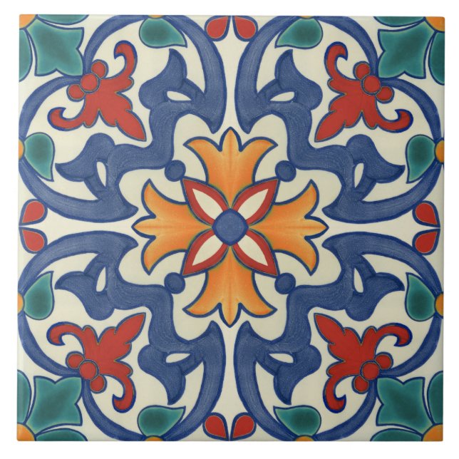 Blue Red Teal Yellow White Azulejos Pattern Ceramic Tile (Front)