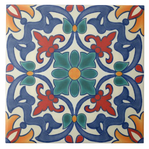 Blue Red Teal Yellow White Azulejos Pattern Ceramic Tile