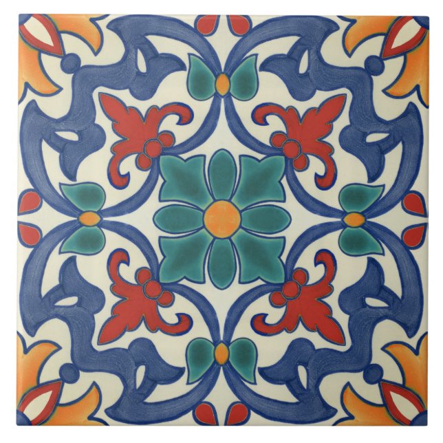 Blue Red Teal Yellow White Azulejos Pattern Ceramic Tile (Front)