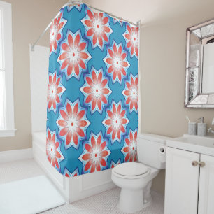 Blue red ten stub star kaleidoscope in soft shiny shower curtain