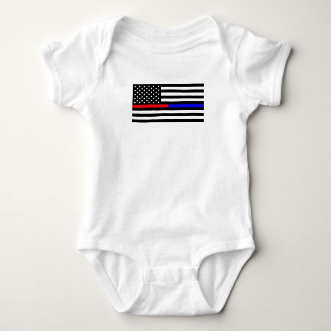 blue red thin line police firefighters symbol usa baby bodysuit (Front)