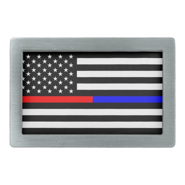blue red thin line police firefighters symbol usa belt buckle (Front)