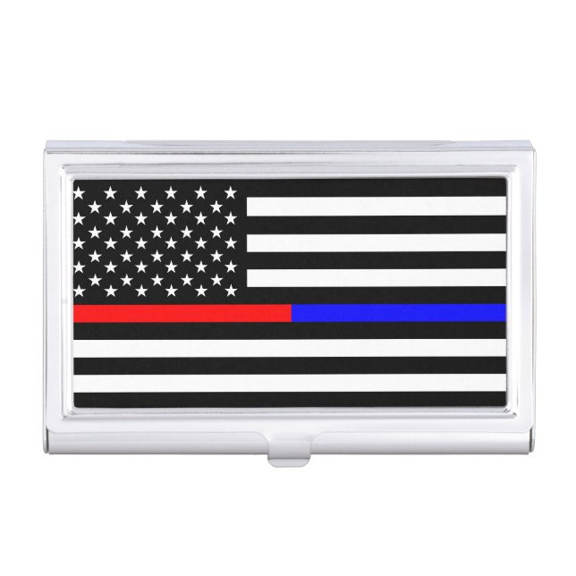 blue red thin line police firefighters symbol usa business card case (Front)