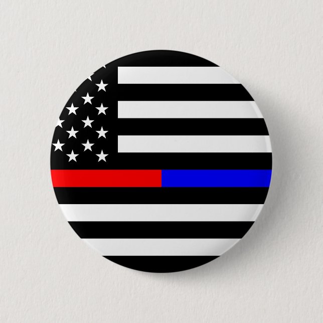 blue red thin line police firefighters symbol usa button (Front)