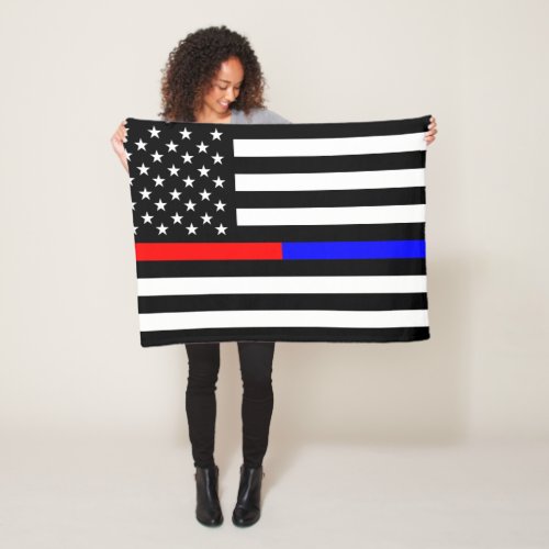 blue red thin line police firefighters symbol usa fleece blanket