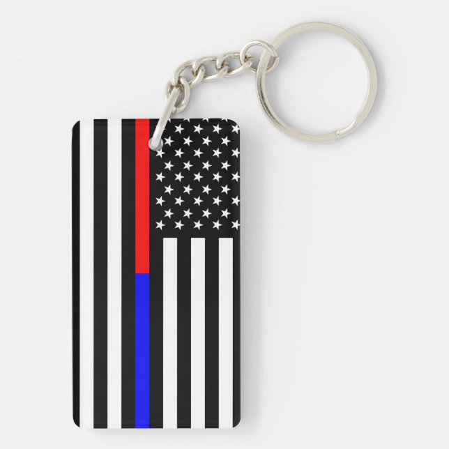 blue red thin line police firefighters symbol usa keychain (Back)