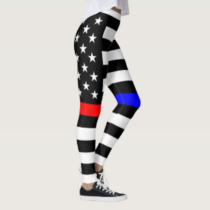 blue red thin line police firefighters symbol usa leggings