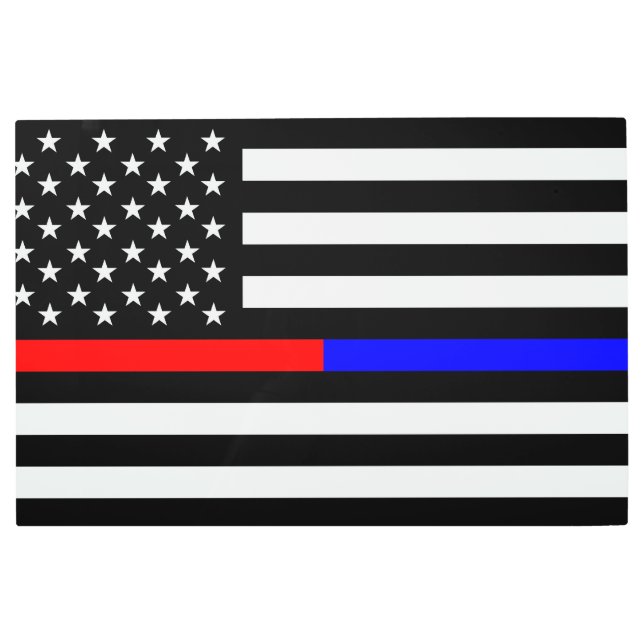 blue red thin line police firefighters symbol usa metal print (Front)