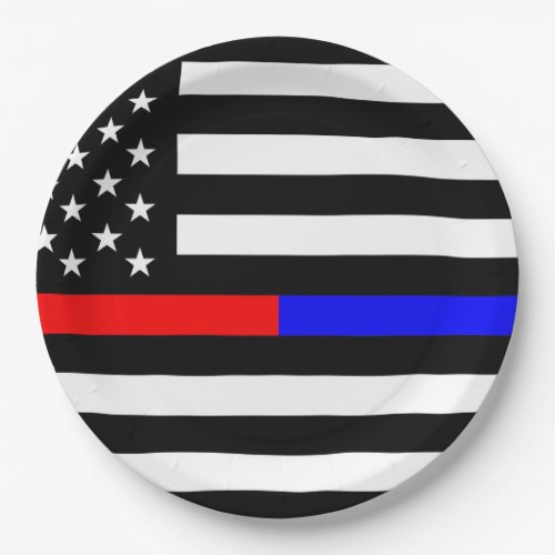 blue red thin line police firefighters symbol usa paper plates