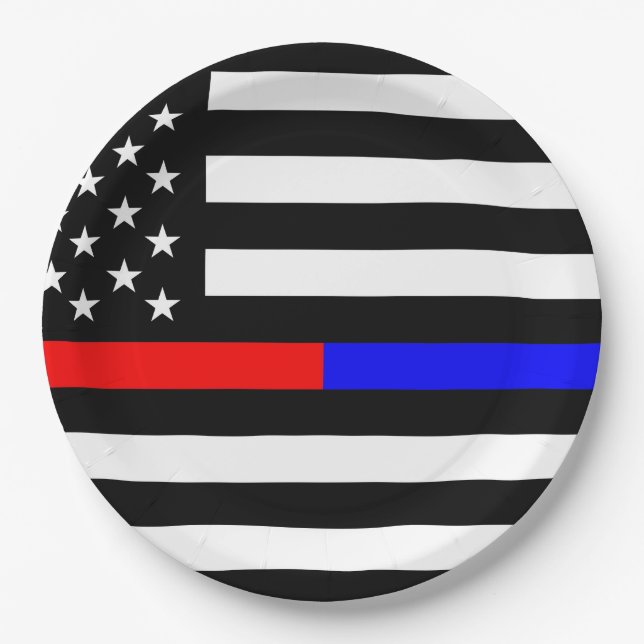 blue red thin line police firefighters symbol usa paper plates (Front)