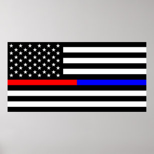 blue red thin line police firefighters symbol usa poster