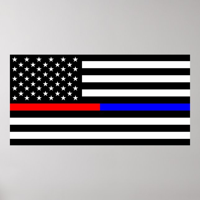 blue red thin line police firefighters symbol usa poster (Front)