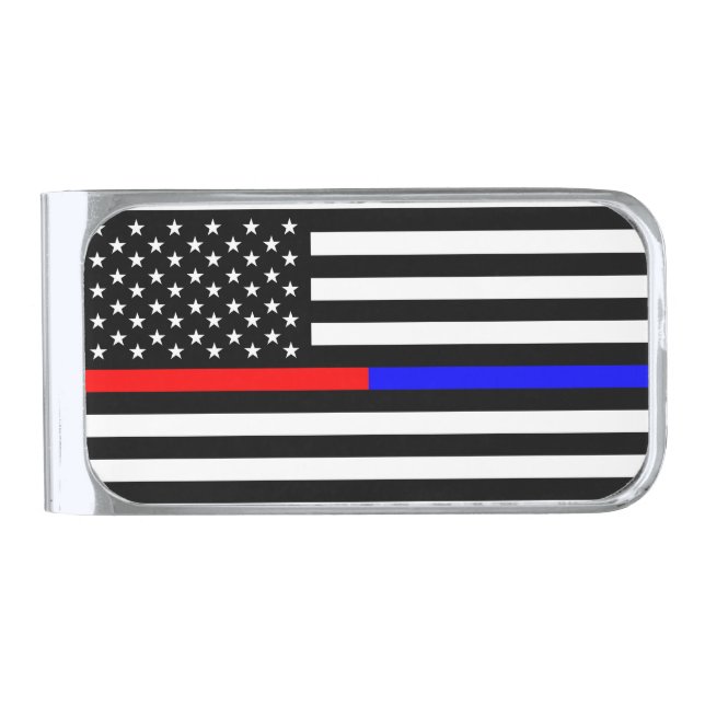 blue red thin line police firefighters symbol usa silver finish money clip (Front)