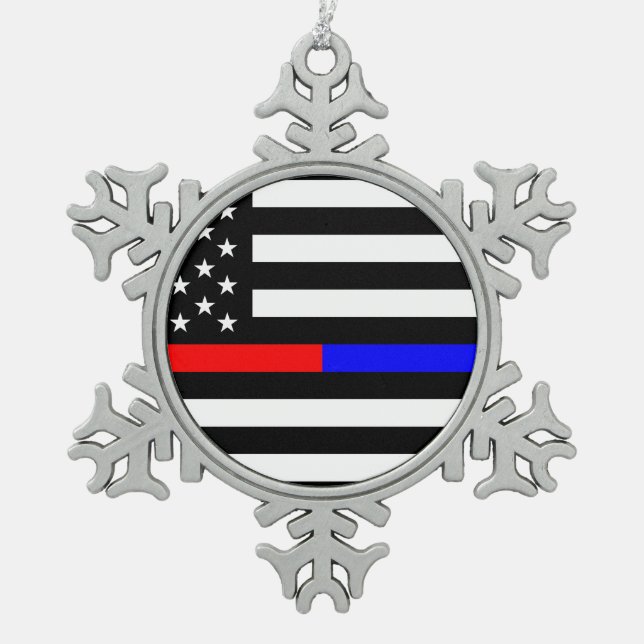 blue red thin line police firefighters symbol usa snowflake pewter christmas ornament (Front)