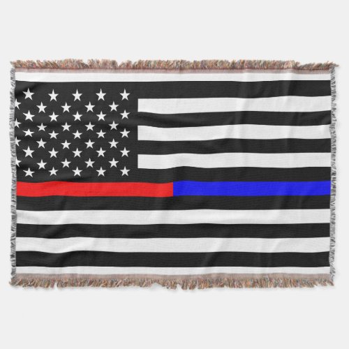 blue red thin line police firefighters symbol usa throw blanket