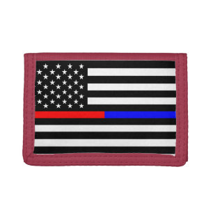 blue red thin line police firefighters symbol usa tri-fold wallet