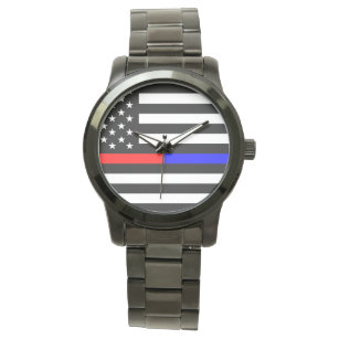 blue red thin line police firefighters symbol usa watch