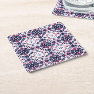 Blue & Red Tie Dye Pattern Square Paper Coaster