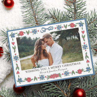 Blue Red Traditional Nordic Folk Merry Christmas Holiday Card