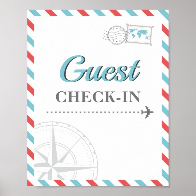 Blue Red Travel Airplane Guest Check-in Welcome Poster (Front)