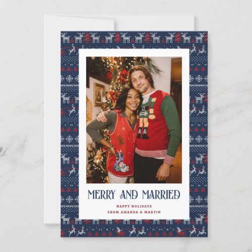 Blue Red Ugly Sweater Merry and Married Photo Holiday Card