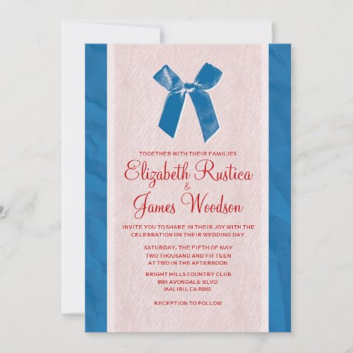 Blue &amp; Red Vintage Bow &amp; Linen Wedding Invitations