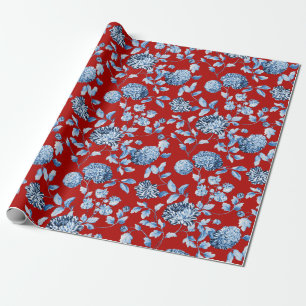 Blue Red Vintage Christmas Floral Toile Wrapping Paper