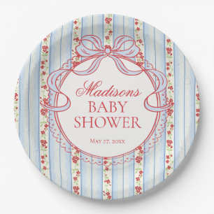 Blue & Red Vintage Fancy Floral Baby Shower Paper Plates