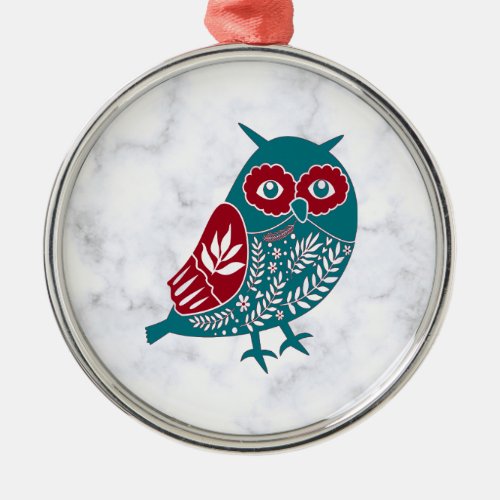 Blue Red Vintage Holiday Nordic Owl   Metal Ornament