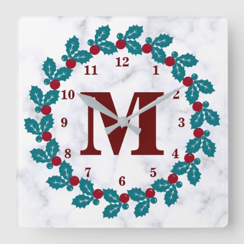 Blue Red Vintage Nordic Wreath Monogram Square Wall Clock