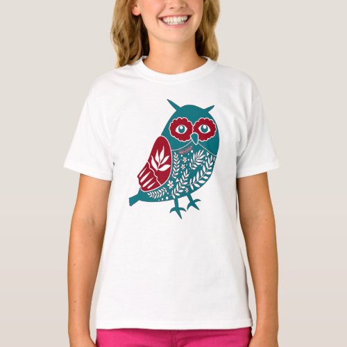 Blue Red Vintage Owl Bird T_Shirt