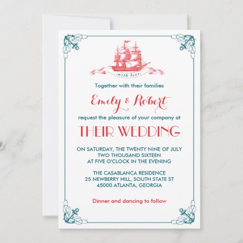 Blue Red Vintage Ship Anchor Wedding Invitation