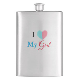 Blue red watercolor heart I love my girl name Flask