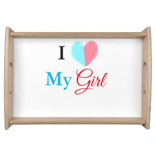 Blue red watercolor heart I love my girl name Serving Tray
