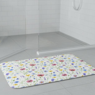 Blue Red Watercolor Wildflower Bath Mat