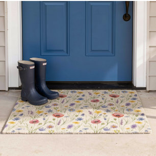 Blue Red Watercolor Wildflower Fiber Doormat
