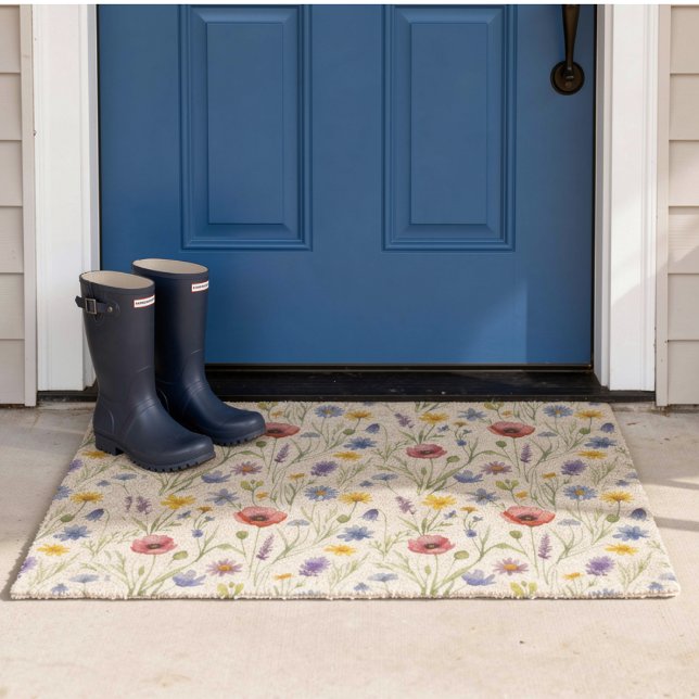 Blue Red Watercolor Wildflower Fiber Doormat (Creator Uploaded)