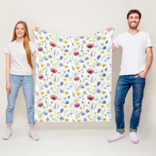 Blue Red Watercolor Wildflower Fleece Blanket