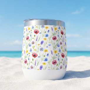 Blue Red Watercolor Wildflower Thermal Wine Tumbler