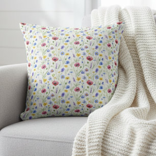Blue Red Watercolor Wildflower Throw Pillow
