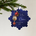 Blue red white baubles Christmas Ornament Card<br><div class="desc">A navy blue,  uneven colored background. Decorated with red and gold baubles and some greenery and a pine cone.  Personalize and add your name,  year.  Text: Merry Christmas</div>