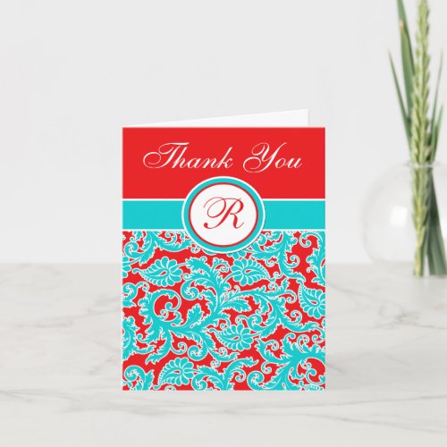 Blue Red White Damask Monogram Thank You Note Card